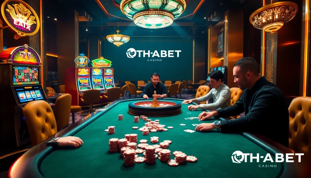 Players enjoying poker at THABET's luxurious casino, surrounded by colorful slots and roulette.