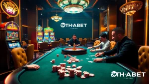 Players enjoying poker at THABET's luxurious casino, surrounded by colorful slots and roulette.