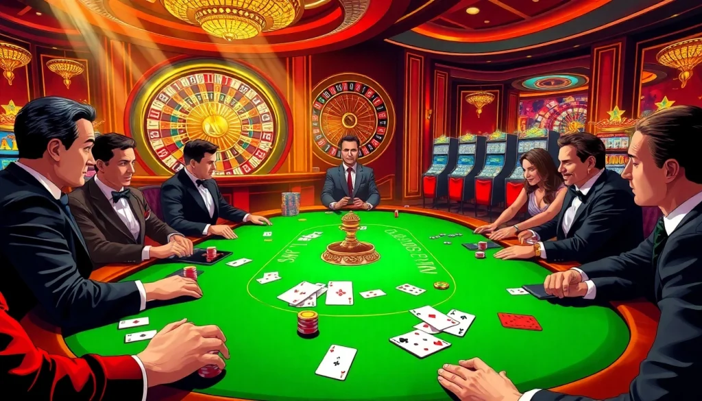 A thrilling poker game scene, featuring enthusiastic gamblers at a table linked to https://nohu900.gripe/ with vibrant poker chips and cards.