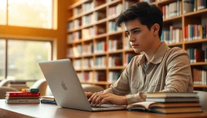 Estudiante concentrado en su MacBook para estudiantes en una biblioteca moderna.