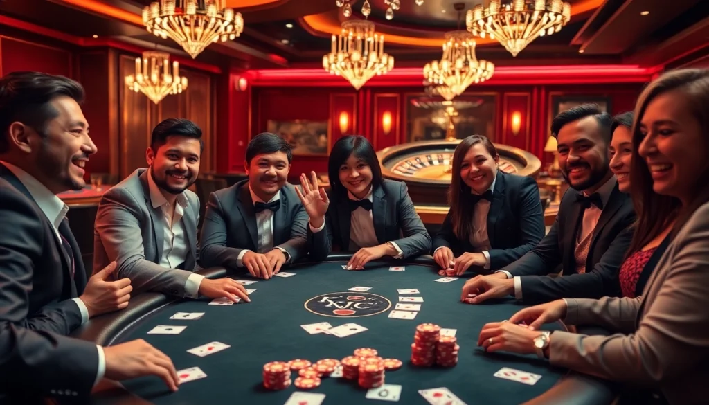 KJC poker players engaged in an exciting game at a luxurious casino table.