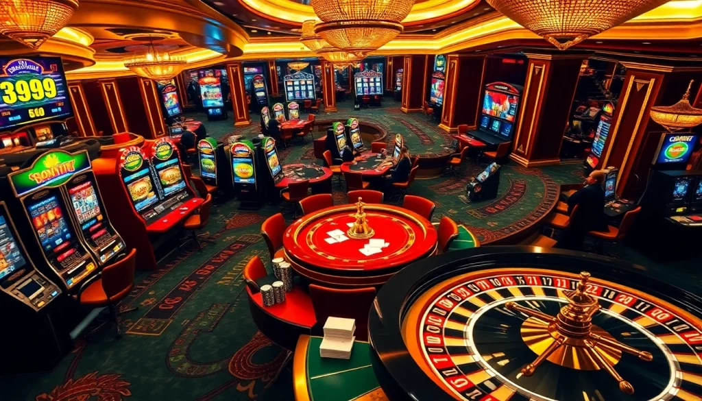 Exciting casino gaming scene featuring vibrant slot machines and a roulette wheel at https://lc88.jpn.com/ for a thrilling experience.