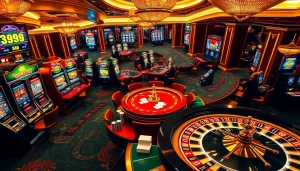 Exciting casino gaming scene featuring vibrant slot machines and a roulette wheel at https://lc88.jpn.com/ for a thrilling experience.