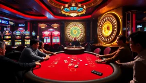 Feeling the thrill at LC88 COM's poker table, amidst vibrant casino action and excitement.