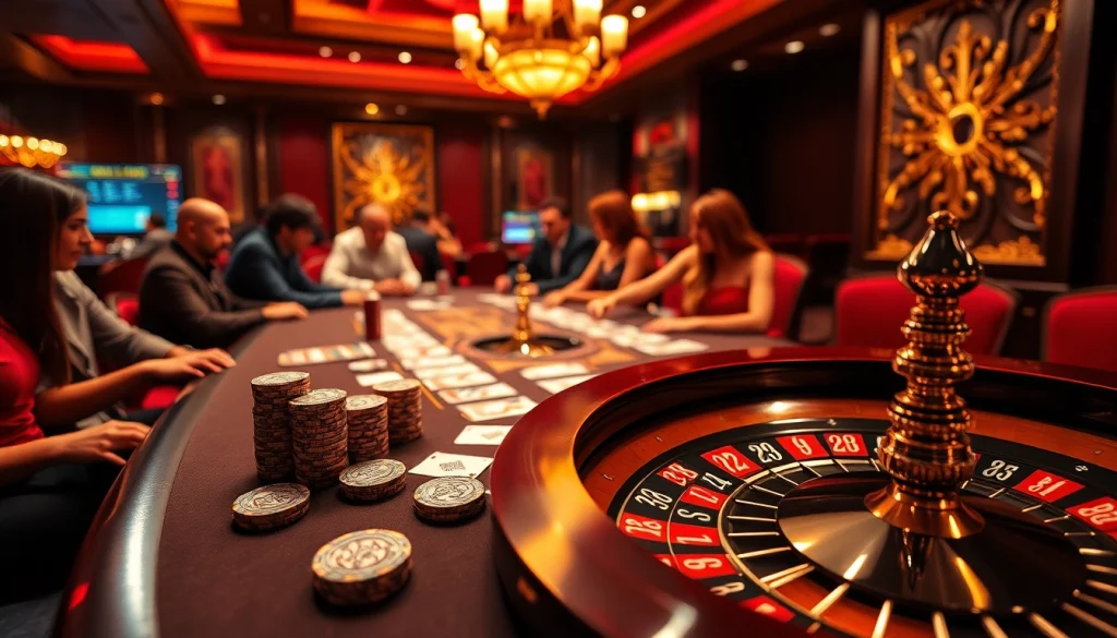 Experience a thrilling poker game at kkwin com, featuring vibrant chips and an elegant roulette wheel in a luxurious casino setting.