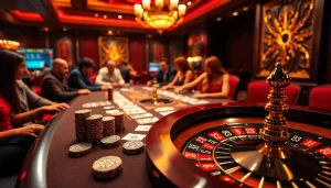 Experience a thrilling poker game at kkwin com, featuring vibrant chips and an elegant roulette wheel in a luxurious casino setting.