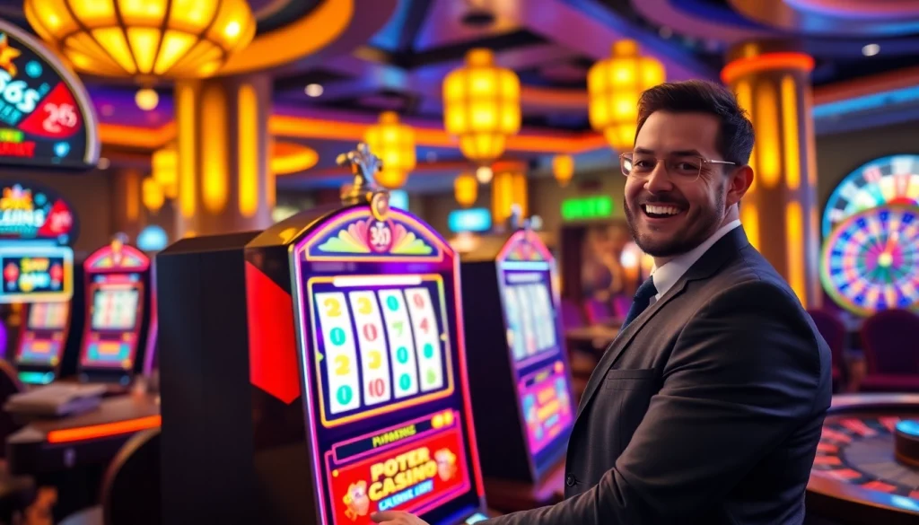 Excited player winning at a vibrant slot 365 machine in a luxurious casino.