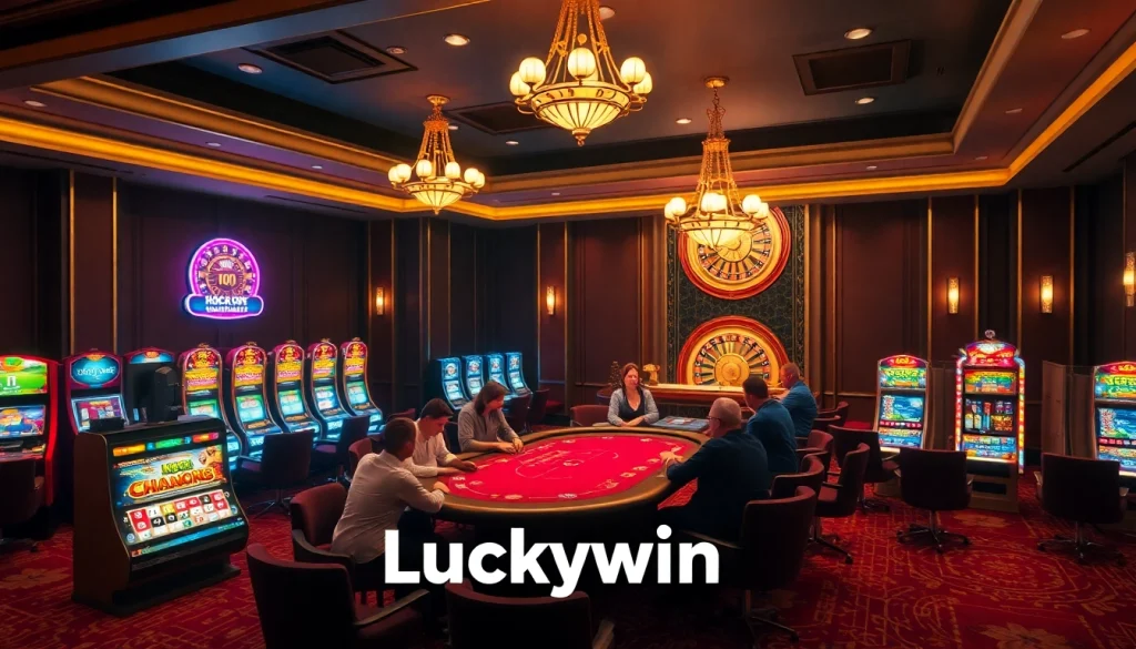 Experience high-stakes gaming at Luckywin's elegant casino tables and vibrant slot machines.