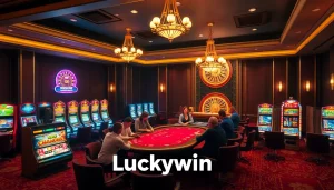 Experience high-stakes gaming at Luckywin's elegant casino tables and vibrant slot machines.