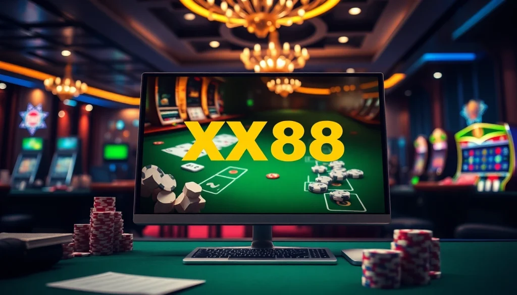 Experience thrilling gaming at https://xx88.se.net/ with an engaging online casino setup showcasing vibrant tables and slots.