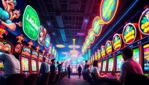 LAGAGAME77 gaming scene showcasing players enjoying vibrant slot machines