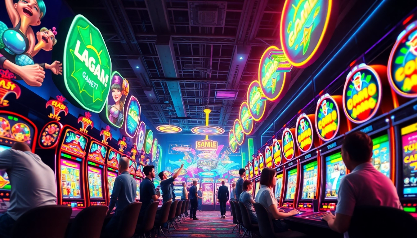 LAGAGAME77 gaming scene showcasing players enjoying vibrant slot machines