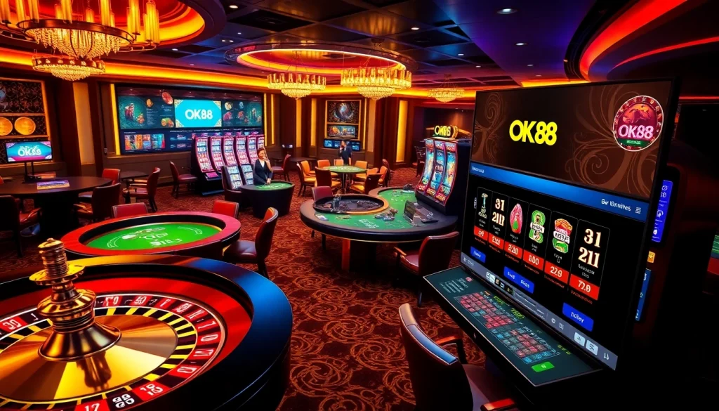 Experience thrilling gaming at ok88 with vibrant casino tables, slot machines, and engaging players.