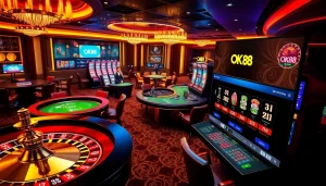 Experience thrilling gaming at ok88 with vibrant casino tables, slot machines, and engaging players.