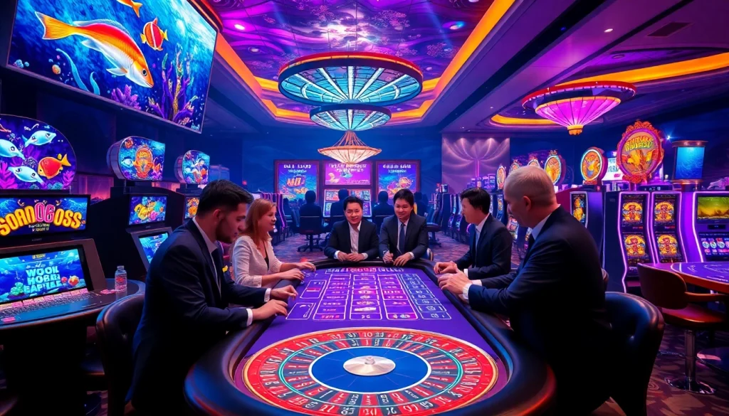 Bắn cá nổ hũ game action with vibrant graphics and active casino tables symbolizing excitement.