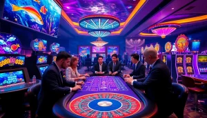 Bắn cá nổ hũ game action with vibrant graphics and active casino tables symbolizing excitement.