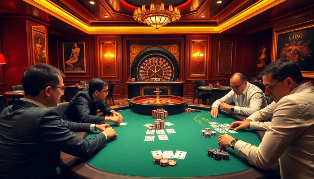 Poker players engaging in a thrilling game while surrounded by sophisticated casino atmospheres and themes of porn games ai.