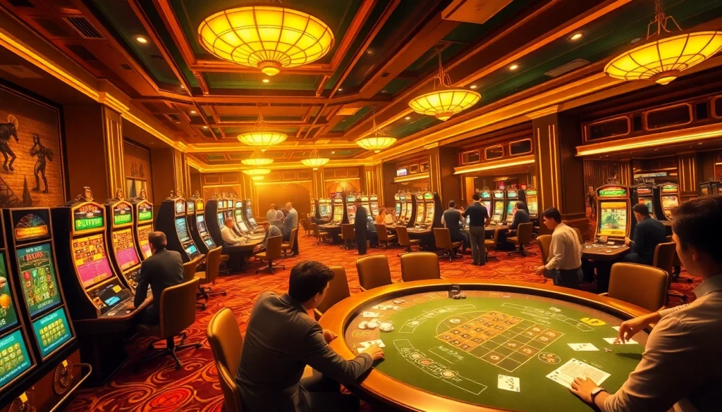 Exciting casino action at sc88archi with players at roulette and poker tables.