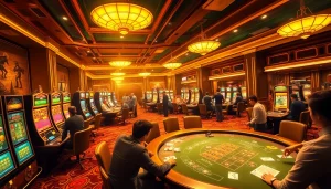Exciting casino action at sc88archi with players at roulette and poker tables.