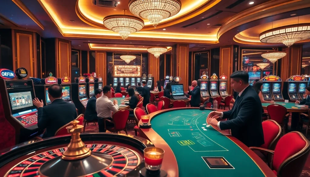 Exciting casino scene featuring gambling action at the Trang Chủ OKFUN platform with roulette, poker, and slots.