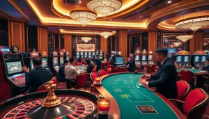 Exciting casino scene featuring gambling action at the Trang Chủ OKFUN platform with roulette, poker, and slots.