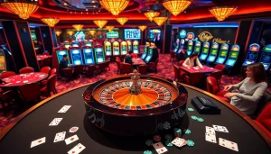 Exciting gambling scene at oxplay featuring casino tables, roulette wheel, and slot machines.