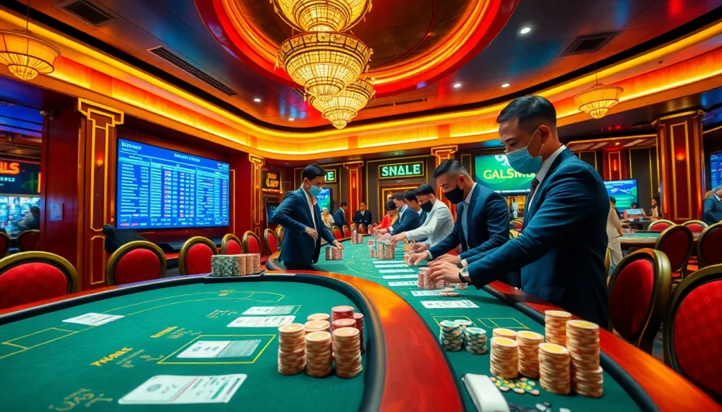 Action-packed scene of nhà cái đá gà betting with vibrant casino ambiance and gamblers engaged.