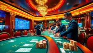 Action-packed scene of nhà cái đá gà betting with vibrant casino ambiance and gamblers engaged.