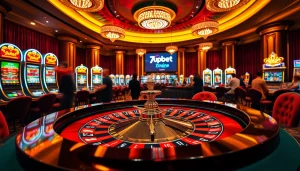 Experience the thrill of betting at 7upbet's vibrant casino atmosphere with roulette and slot machines.
