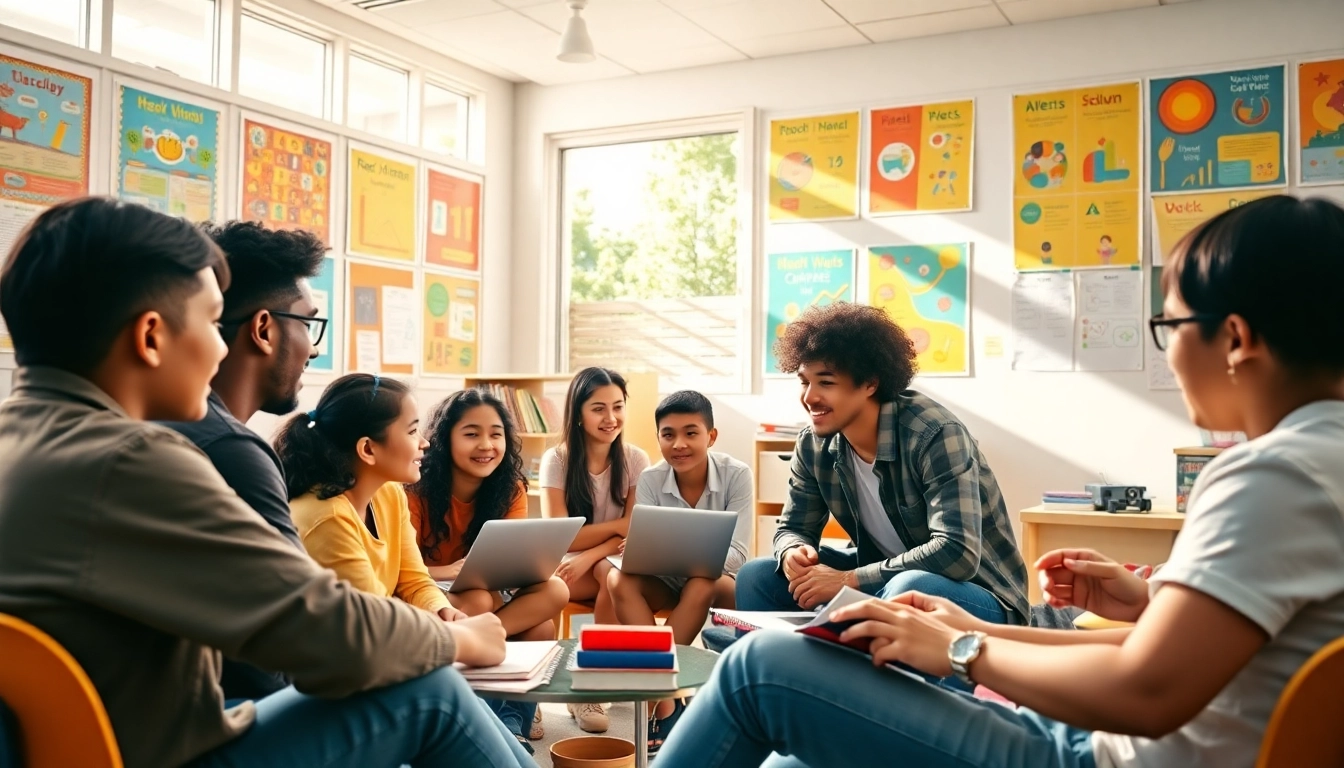 Education scene with diverse students collaborating in a bright, engaging classroom.