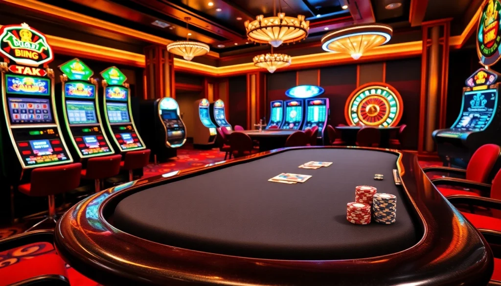 Engaging casino scene highlighting 'truy cập link', showcasing vibrant gaming tables with poker chips.