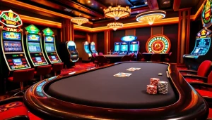 Engaging casino scene highlighting 'truy cập link', showcasing vibrant gaming tables with poker chips.