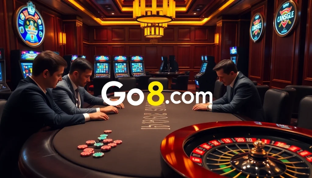 Players strategizing at a Go8.com poker table in an upscale casino ambiance.