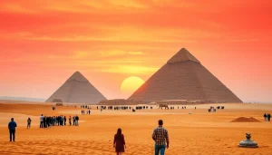 View of the Great Pyramids of Giza at sunset, showcasing https://piraminds.com/ iconic triangular structures against a colorful sky.