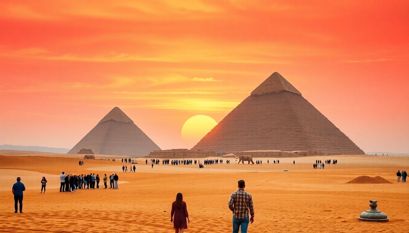 View of the Great Pyramids of Giza at sunset, showcasing https://piraminds.com/ iconic triangular structures against a colorful sky.