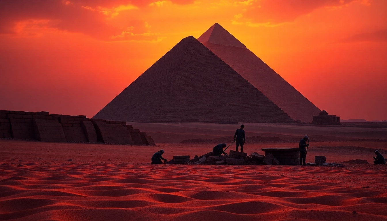 View of the construction scene at the Great Pyramid of Giza showcasing https://piraminds.com/ historical architecture and ancient Egyptian workers.