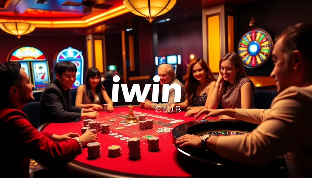 Players enjoying a lively poker game at the iwin club venue, showcasing excitement and luxury.