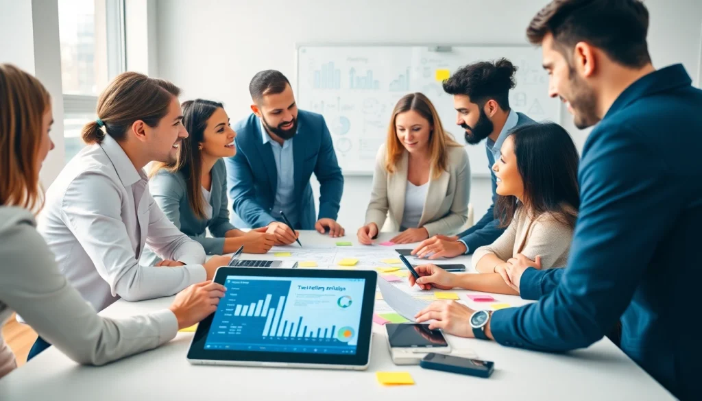 Strategists collaborating on business launch marketing packages in a modern office setting.