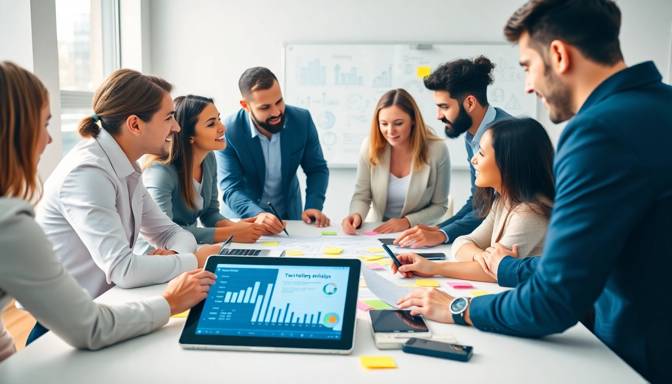 Strategists collaborating on business launch marketing packages in a modern office setting.
