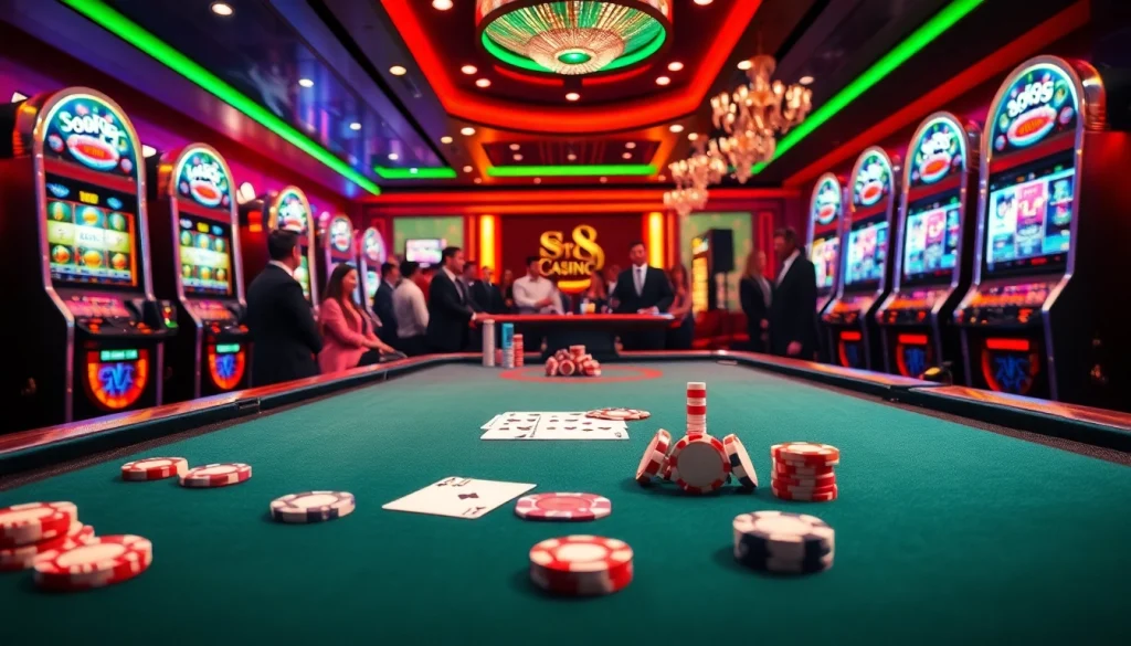 Exciting gambling scene with S8 Casino elements, vibrant slot machines, and professional dealers.