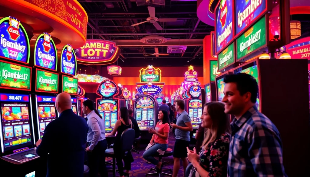 Menampilkan igamble247 slot yang menarik dan pemain antusias di dalam kasino.