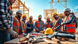Construction apprenticeship program training hands-on skills with workers at a site.