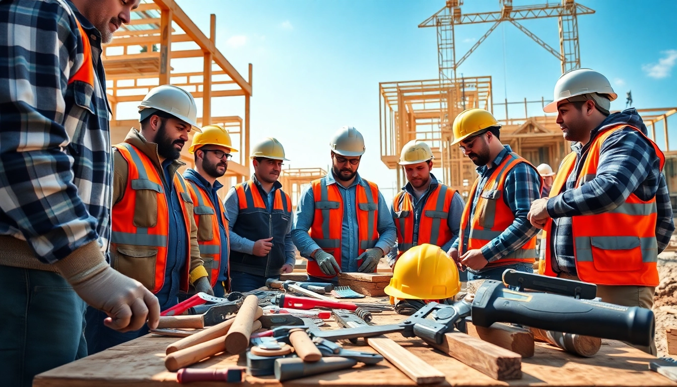 Construction apprenticeship program training hands-on skills with workers at a site.