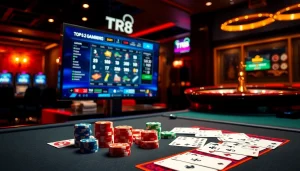 Engaging TR88 TRANG CHỦ online gambling scene featuring casino tables, slot machines, and vibrant poker chips.