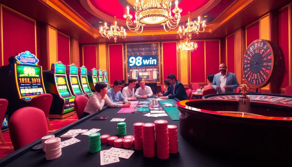 Exciting poker game at 98win casino with vibrant atmosphere and professional players.