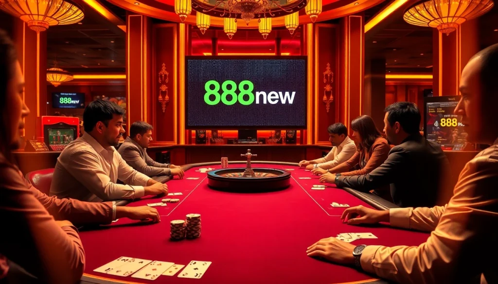 High-stakes poker game at a luxurious casino featuring 888new digital billboard.