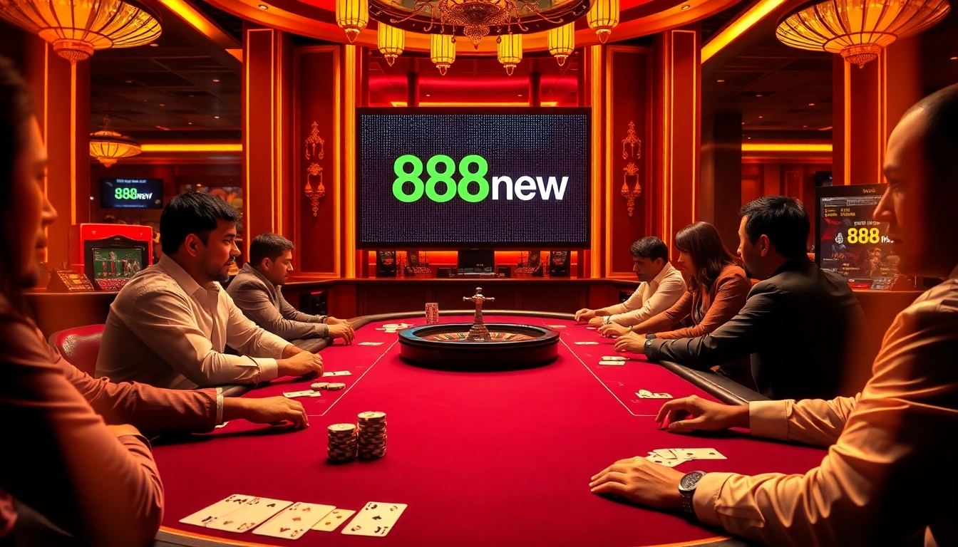 High-stakes poker game at a luxurious casino featuring 888new digital billboard.