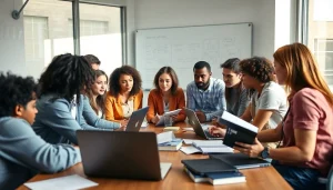 Students collaborating on exam assistance strategies in a bright classroom.