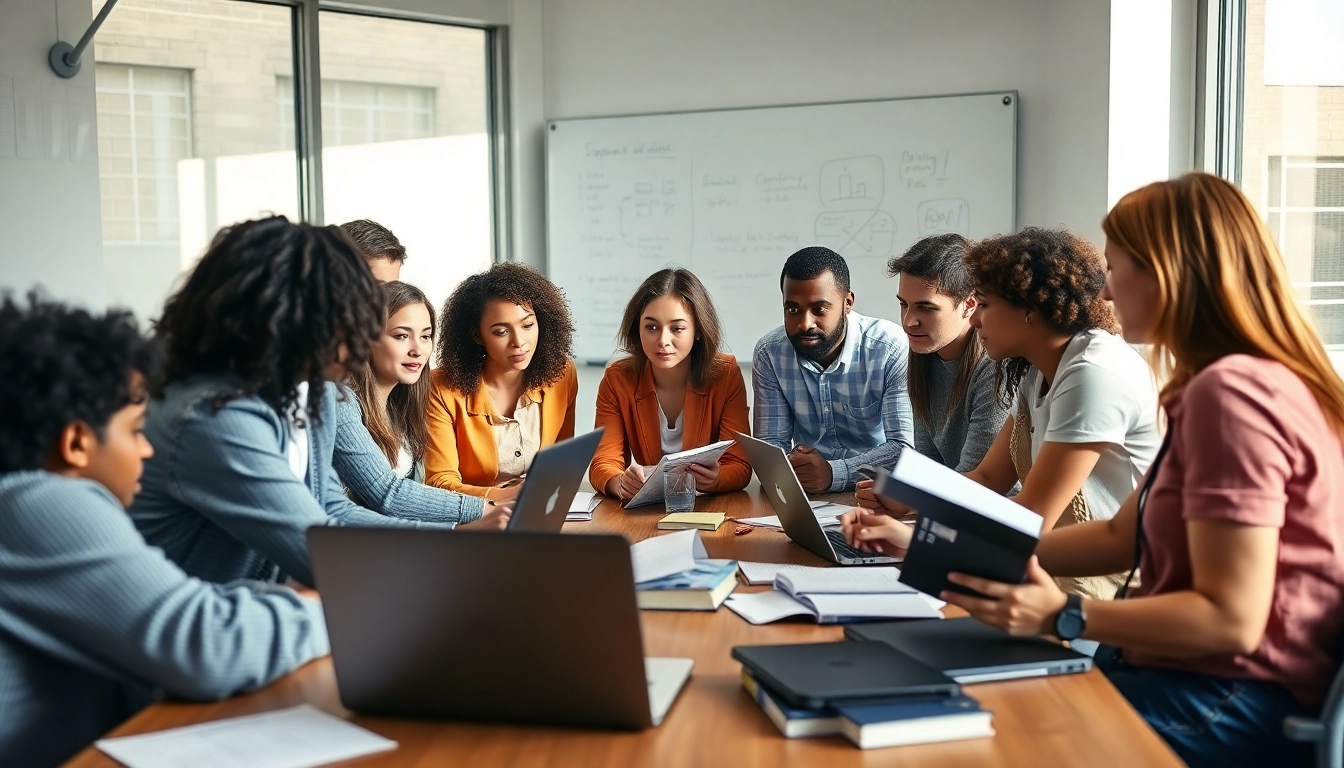Students collaborating on exam assistance strategies in a bright classroom.