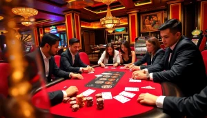 Pemain yang intens di meja situs idn poker mewah dengan elemen kasino yang cerah di latar belakang.